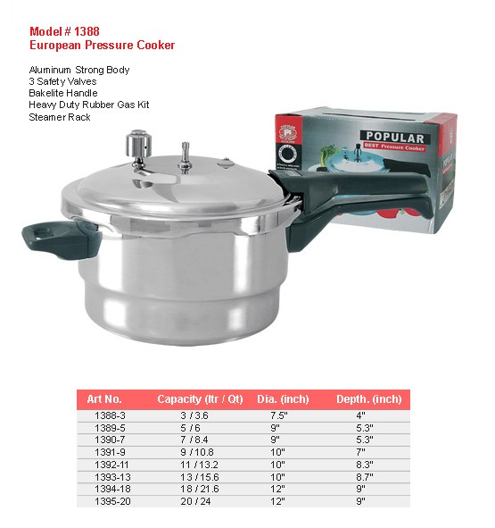 Product sheet for European pressure cooker (model 1388) with sizes and specifications
