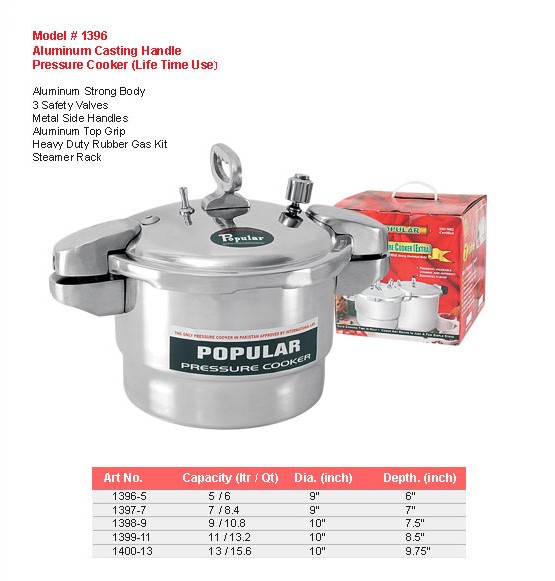 Product sheet for Pressure cooker, cast aluminium handle (model 1396) with sizes and specifications