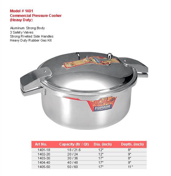 Product sheet for Commercial pressure cooker (model 1401) with sizes and specifications