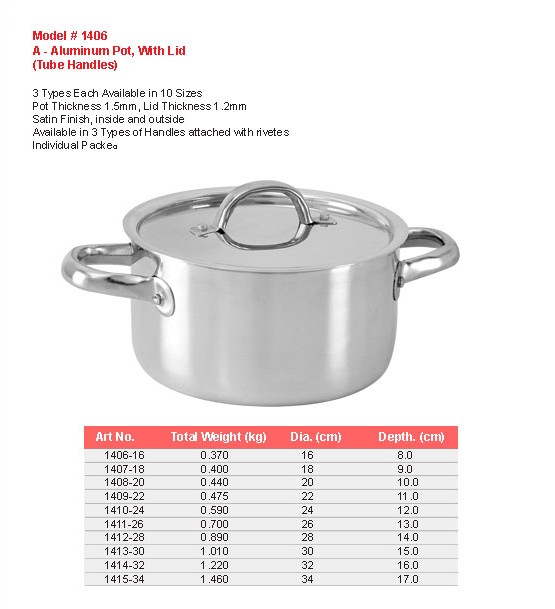 Product sheet for Aluminium pot with lid (model 1406) with sizes and specifications