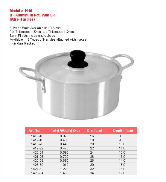 Product sheet for Aluminium pot with lid (model 1416) with sizes and specifications