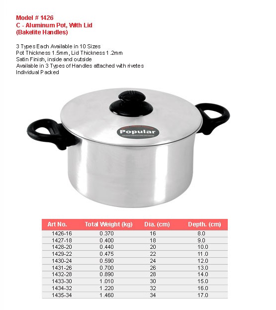 Product sheet for Aluminium pot with lid (model 1426) with sizes and specifications