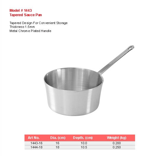 Product sheet for Tapered sauce pan (model 1443) with sizes and specifications
