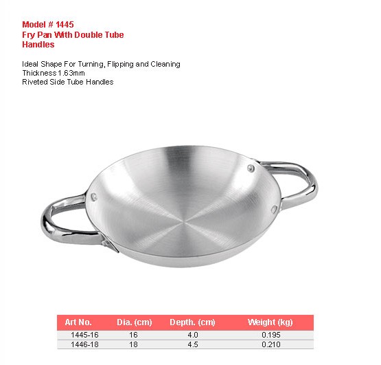 Product sheet for Fry pan with double tube handles (model 1445) with sizes and specifications