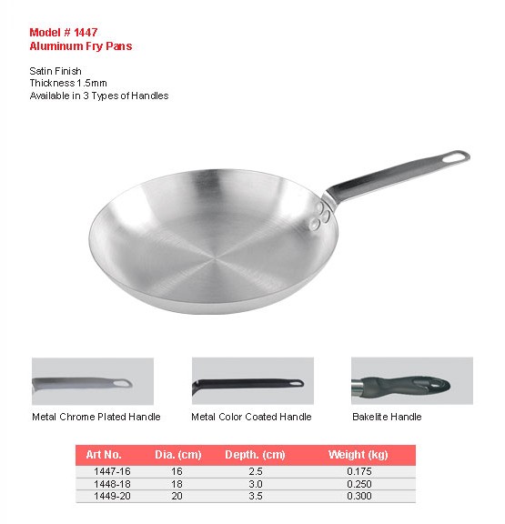 Product sheet for Aluminium fry pan (model 1447) with sizes and specifications