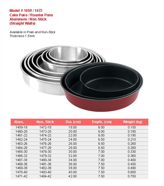 Product sheet for Cake pans / roaster pans (model 1459 / 1472) with sizes and specifications