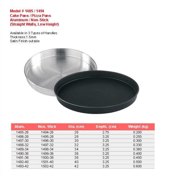 Product sheet for Cake pans / pizza pans (model 1485 / 1494) with sizes and specifications