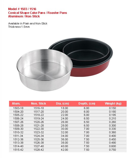 Product sheet for Conical cake pans / roaster pans (model 1503 / 1516) with sizes and specifications