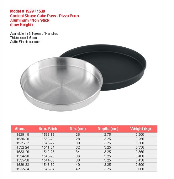 Product sheet for Conical cake pans / pizza pans (model 1529 / 1538) with sizes and specifications