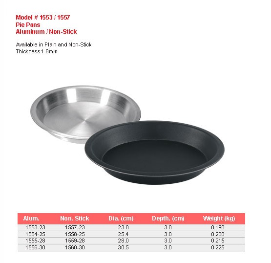 Product sheet for Pie pans (model 1553 / 1557) with sizes and specifications