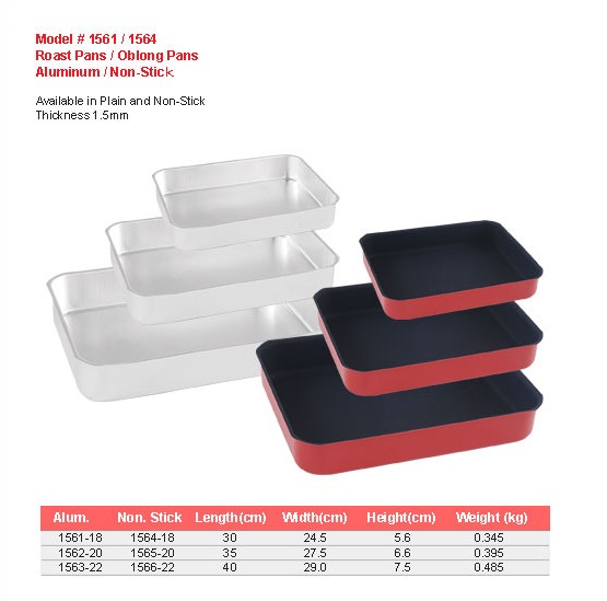 Product sheet for Roast pans / oblong pans (model 1561 / 1564) with sizes and specifications
