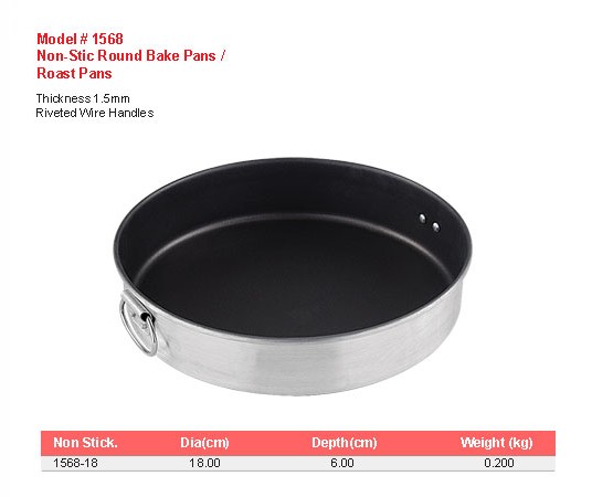 Product sheet for Non-stick round bake pans (model 1568) with sizes and specifications