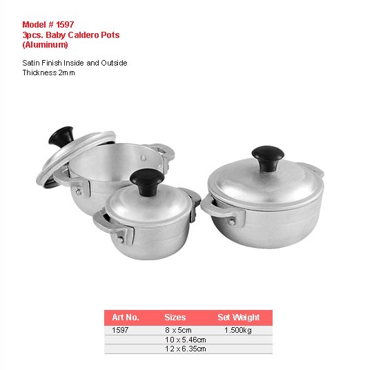 Product sheet for Baby caldero pots, 3 pcs (model 1597) with sizes and specifications