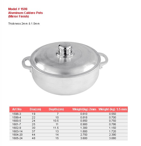 Product sheet for Aluminium caldero pot (model 1598) with sizes and specifications