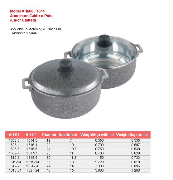 Product sheet for Aluminium caldero pot (model 1606 / 1614) with sizes and specifications