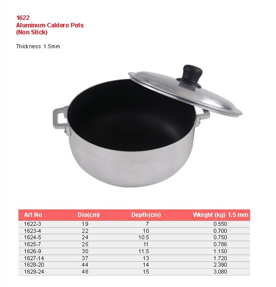 Product sheet for Aluminium caldero pot (model 1622) with sizes and specifications