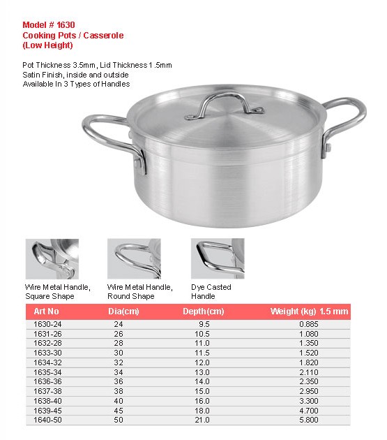 Product sheet for Cooking pot / casserole (model 1630) with sizes and specifications