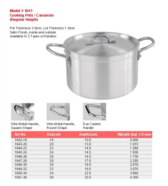 Product sheet for Cooking pot / casserole (model 1641) with sizes and specifications