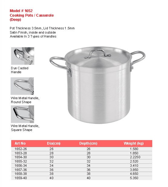 Product sheet for Cooking pot / casserole (model 1652) with sizes and specifications