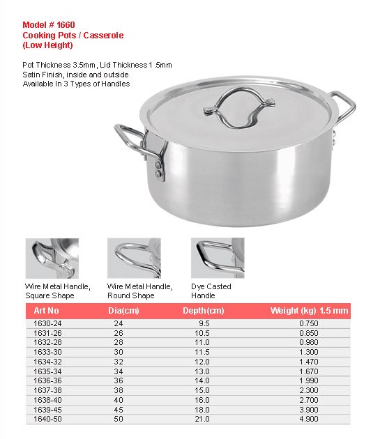 Product sheet for Cooking pot / casserole (model 1660) with sizes and specifications