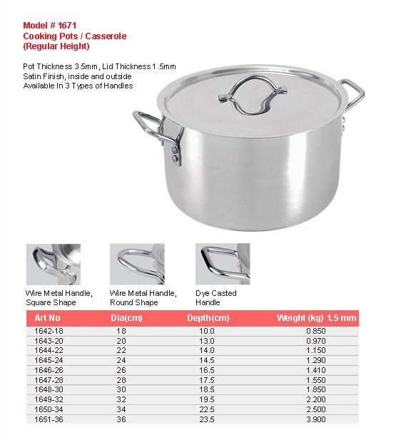 Product sheet for Cooking pot / casserole (model 1671) with sizes and specifications