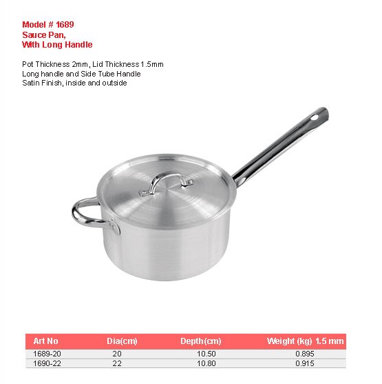 Product sheet for Sauce pan with long handle (model 1689) with sizes and specifications