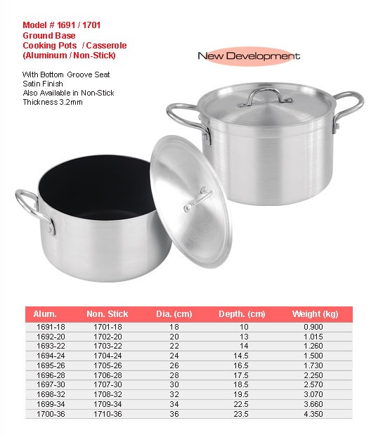 Product sheet for Ground base cooking pot (model 1691 / 1701) with sizes and specifications