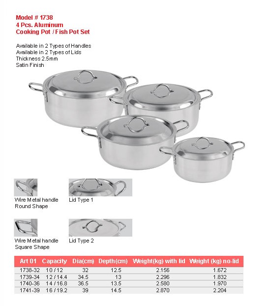 Product sheet for Cooking pot / fish pot set, 4 pcs (model 1738) with sizes and specifications