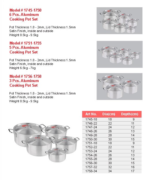 Product sheet for Cooking pot set, 6 pcs (model 1745–1750) with sizes and specifications