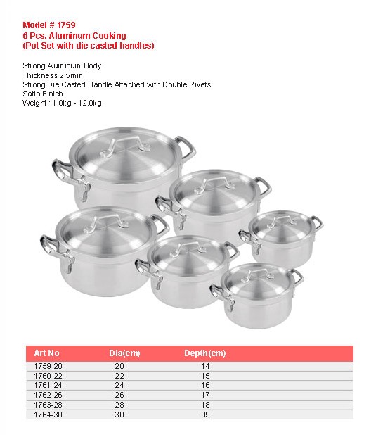 Product sheet for Cooking pot set, 6 pcs (model 1759) with sizes and specifications