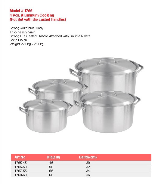 Product sheet for Cooking pot set, 4 pcs (model 1765) with sizes and specifications