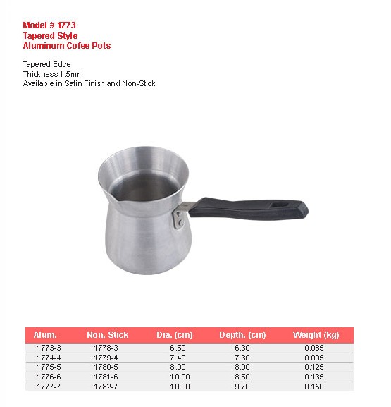 Product sheet for Coffee pot, tapered style (model 1773) with sizes and specifications