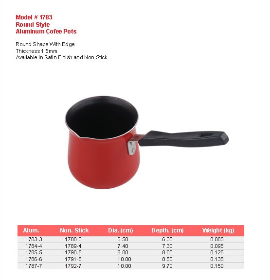 Product sheet for Coffee pot, round style (model 1783) with sizes and specifications