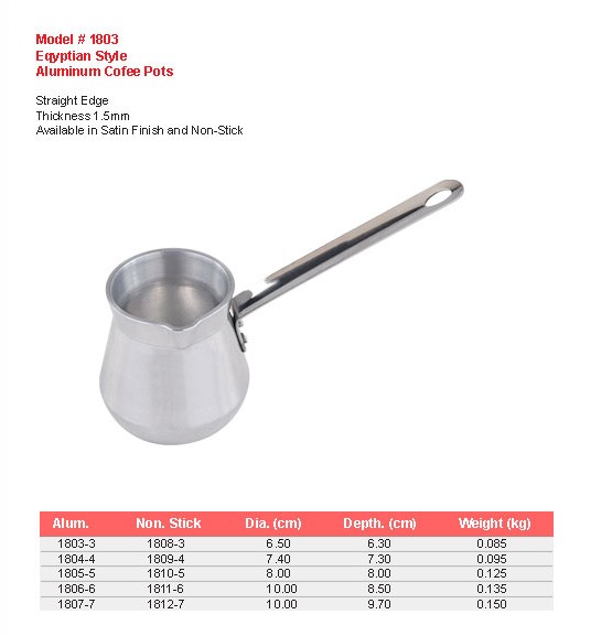 Product sheet for Coffee pot, Egyptian style (model 1803) with sizes and specifications