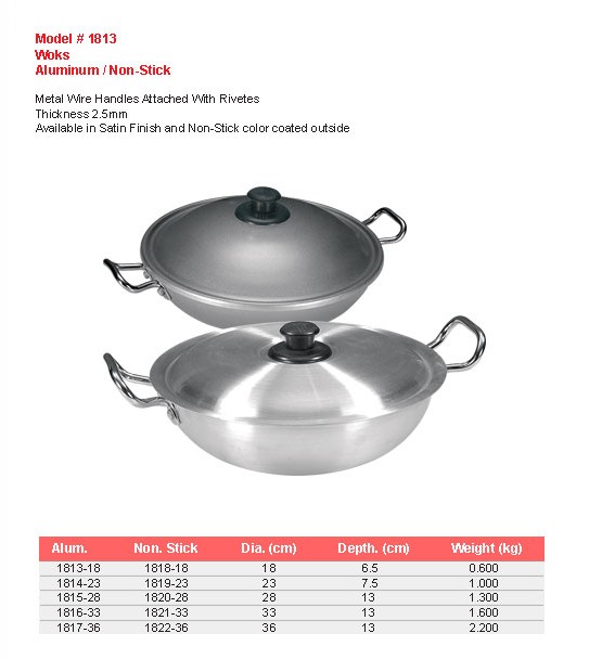 Product sheet for Wok (model 1813) with sizes and specifications