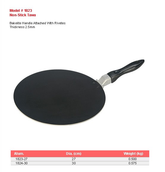 Product sheet for Non-stick tawa (model 1823) with sizes and specifications