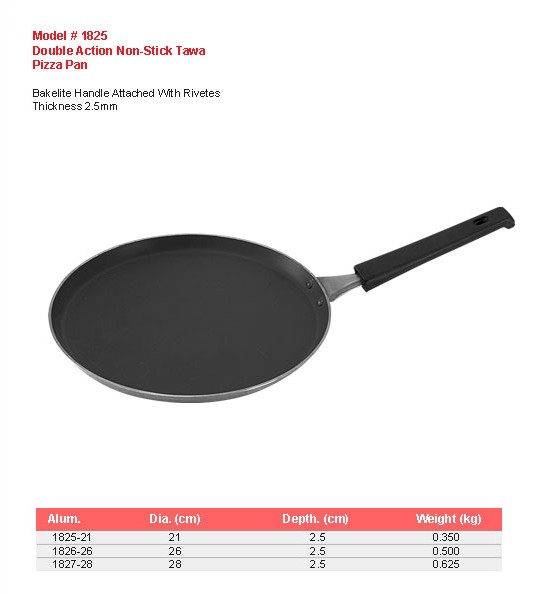 Product sheet for Double-action non-stick tawa / pizza pan (model 1825) with sizes and specifications