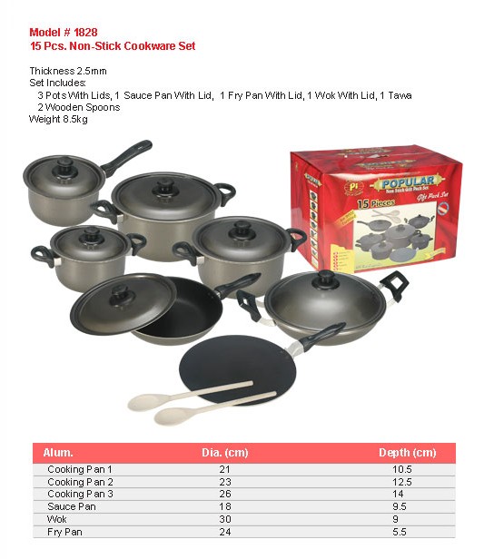 Product sheet for Non-stick cookware set, 15 pcs (model 1828) with sizes and specifications