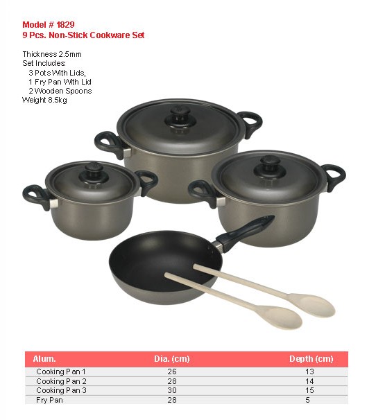 Product sheet for Non-stick cookware set, 9 pcs (model 1829) with sizes and specifications