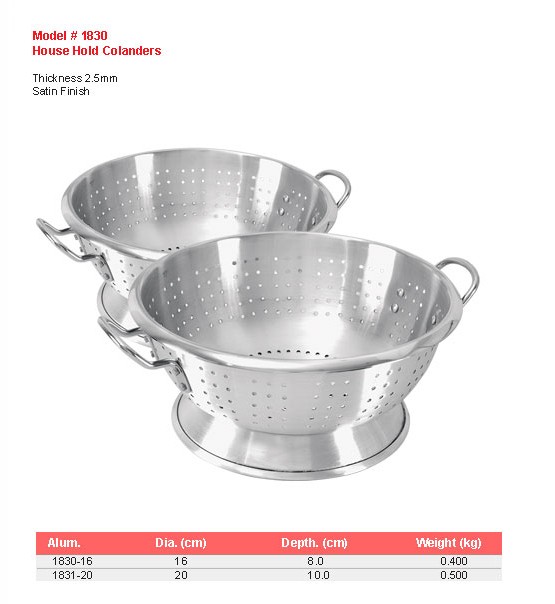 Product sheet for Household colanders (model 1830) with sizes and specifications
