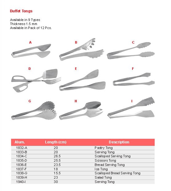 Product sheet for Buffet tongs with sizes and specifications