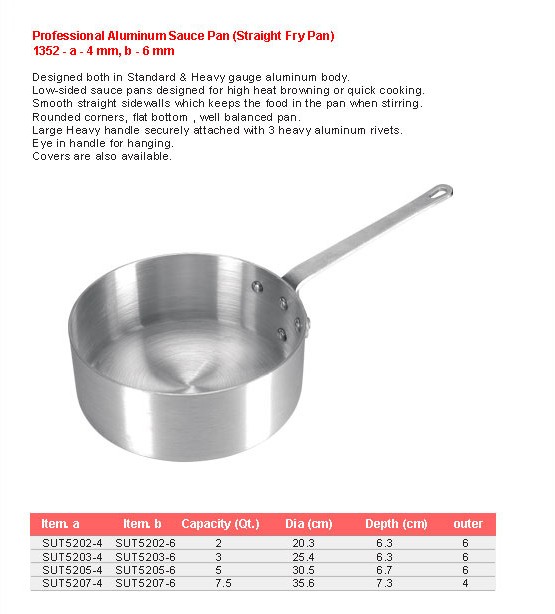 Product sheet for Straight sauce pan (model 1352) with sizes and specifications