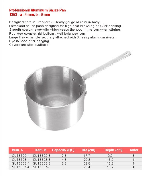 Product sheet for Professional sauce pan (model 1353) with sizes and specifications