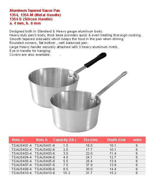 Product sheet for Tapered sauce pan (model 1354) with sizes and specifications