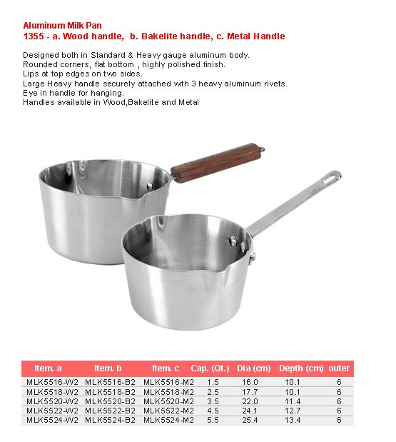 Product sheet for Milk pan (model 1355) with sizes and specifications