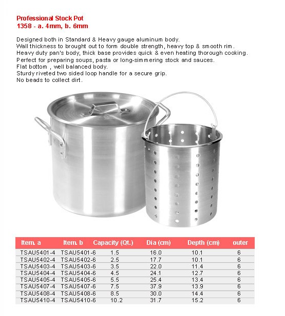 Product sheet for Professional stock pot (model 1358) with sizes and specifications