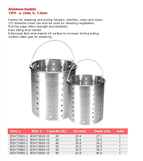 Product sheet for Aluminium baskets (model 1359) with sizes and specifications