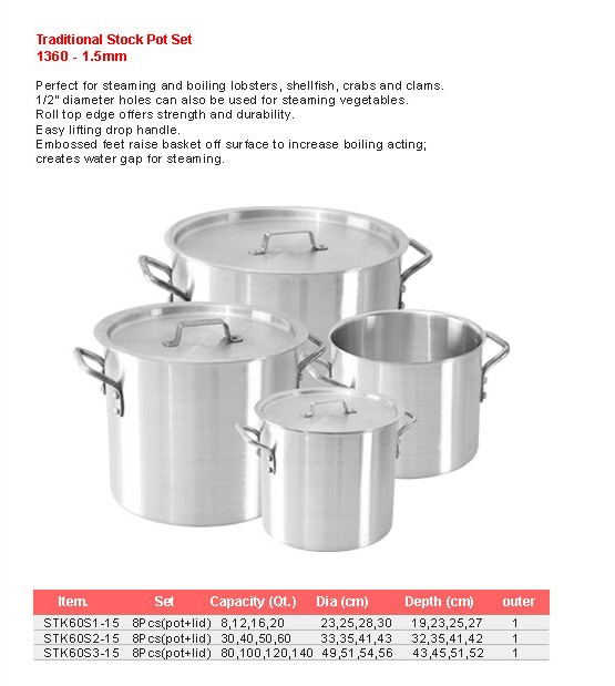 Product sheet for Traditional stock pot set (model 1360) with sizes and specifications