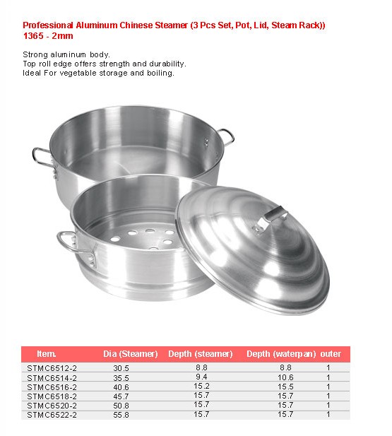 Product sheet for Chinese steamer set, 3 pcs (model 1365) with sizes and specifications