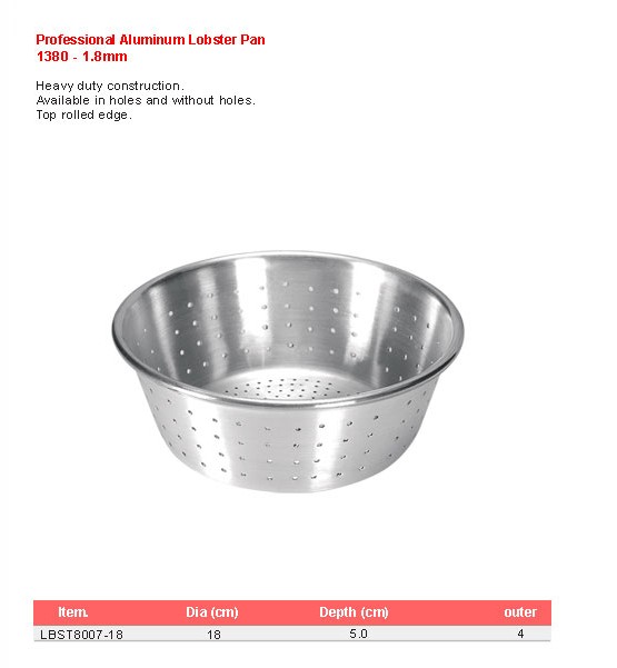 Product sheet for Lobster pan (model 1380) with sizes and specifications